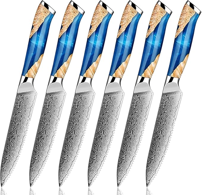 Damascus Steel Steak Knife, Resin Wood Handle, Stainless Steel Western Style Steak Knives of 12, Kitchen Serrated Set Knife Slicing & Cutting