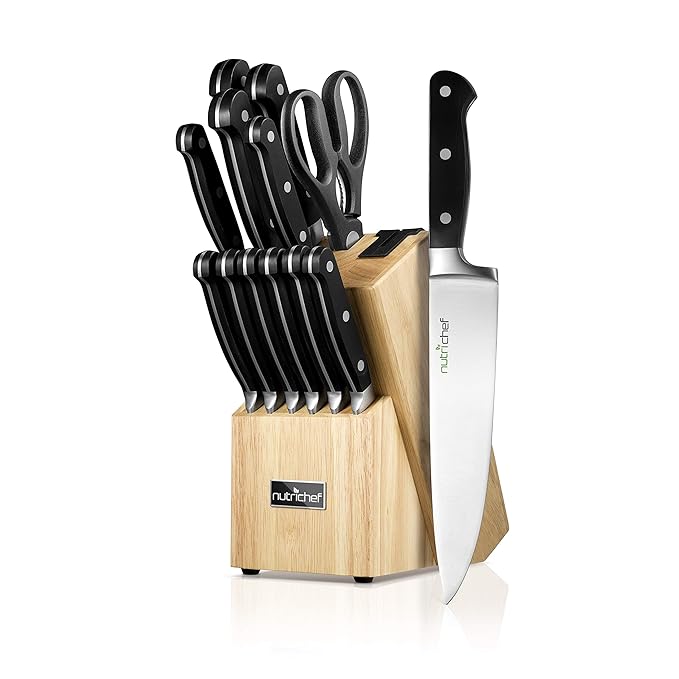 NutriChef 13-Piece Kitchen Knife Set with Wooden Block - Precision Crafted Stainless Steel Knives with Scissors & Built-In Sharpener - Lightweight, Durable, & Razor Sharp - Dishwasher Safe (NCKNS13)