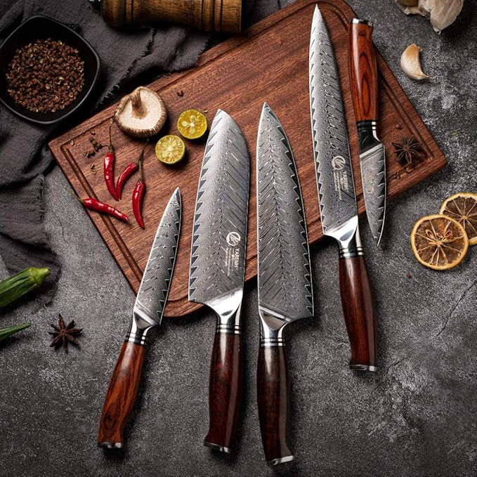 YARENH Professional Chef Knife Set 5 Piece, Damascus High Carbon Stainless Steel, Full Tang, Natural Sandalwood Handle, Ultra Sharp Kitchen Knife