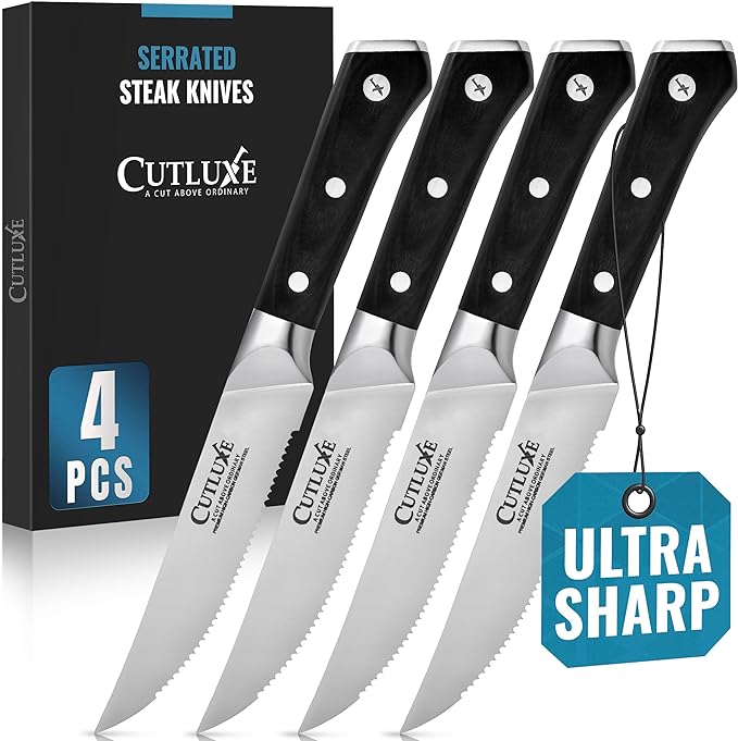 Cutluxe Steak Knives Set of 4, Serrated Steak Knives – Forged High Carbon German Steel, Full Tang, Ergonomic Handle Design – Artisan Series
