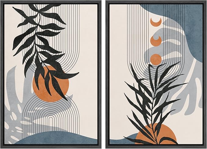 SIGNFORD Framed Canvas Print Wall Art Forest Plant Silhouettes & Mid-Century Symbols Abstract Shapes Illustrations Modern Boho Nature Chic for Living Room, Bedroom, Office - 24"x36"x2 Black