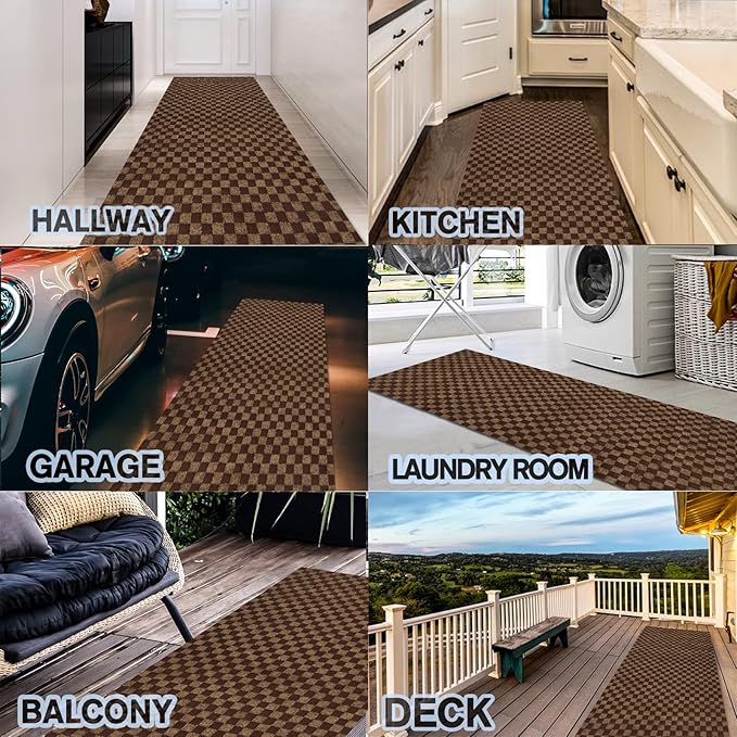 Custom Size Backed Non-Slip Area Rugs Runner, Easy Clean, Waterproof Runner Rugs for Hallway Entryway, Kitchen, Laundry, 4FT x 60FT, Brown Checkered