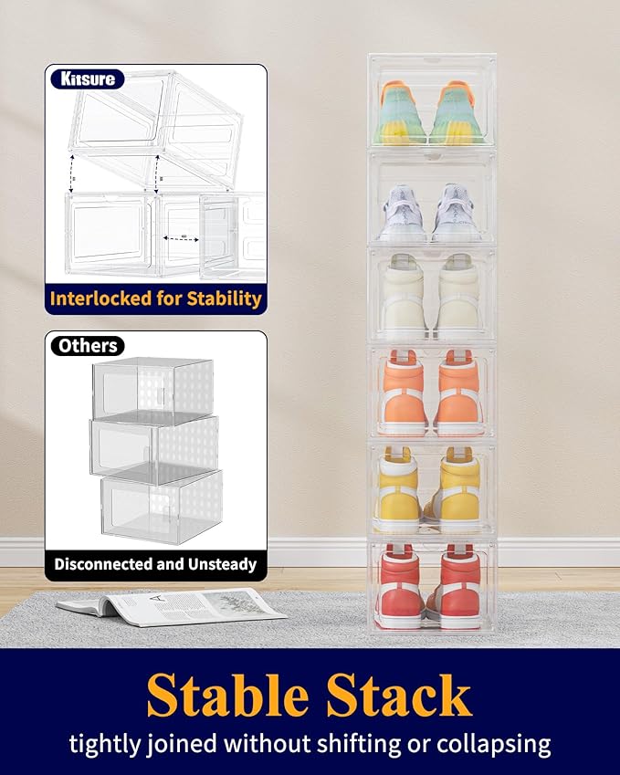 Kitsure Thicker & Sturdier Shoe Boxes - 12 Pack White Clear Plastic Foldable Storage Organizer with Magnetic Door, Reinforced Heavy-Duty Design for Sneakers, Toiletries & Accessories, 13.2"x9.8"x7.3"