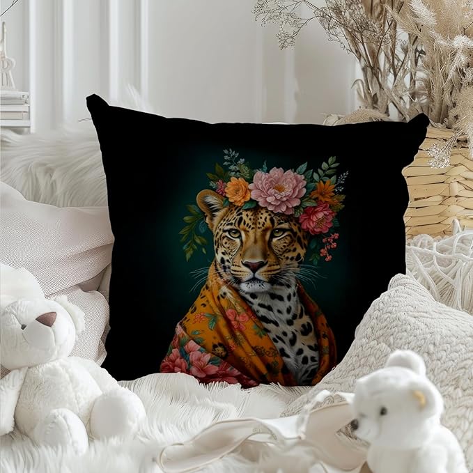 Trendy Maximalist Floral Leopard Eclectic Pillow Covers 18x18, Cheetah Print Room Decor, Eclectic Home Decor, Funky Colourful Floral Leopard Decorative Throw Pillow Covers for Home Room