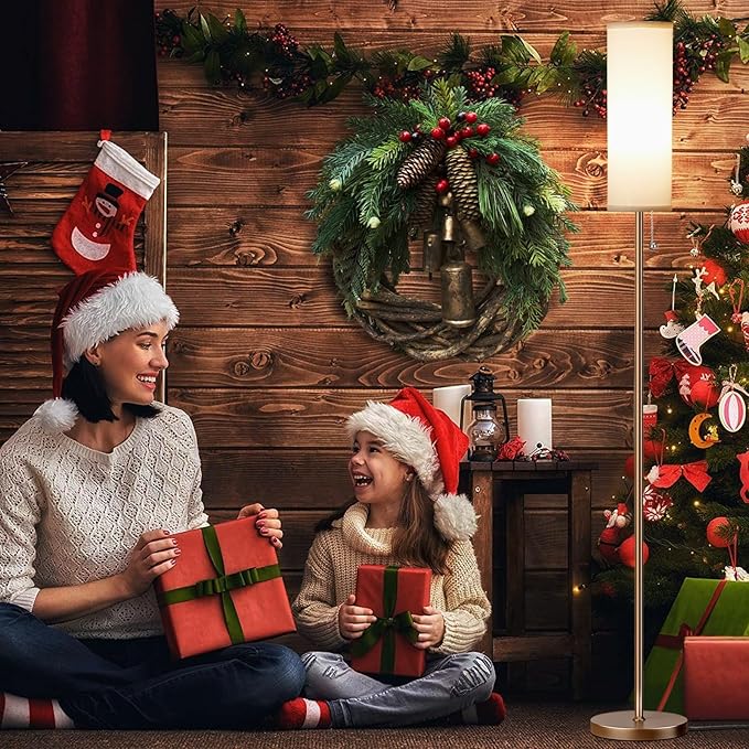 Ambimall Floor Lamp with 3 Color Temperatures Bulb, 64" Standing lamp with Linen lampshade for Bedroom, Minimalist Pole Lamp, White Shade & Brown Pole