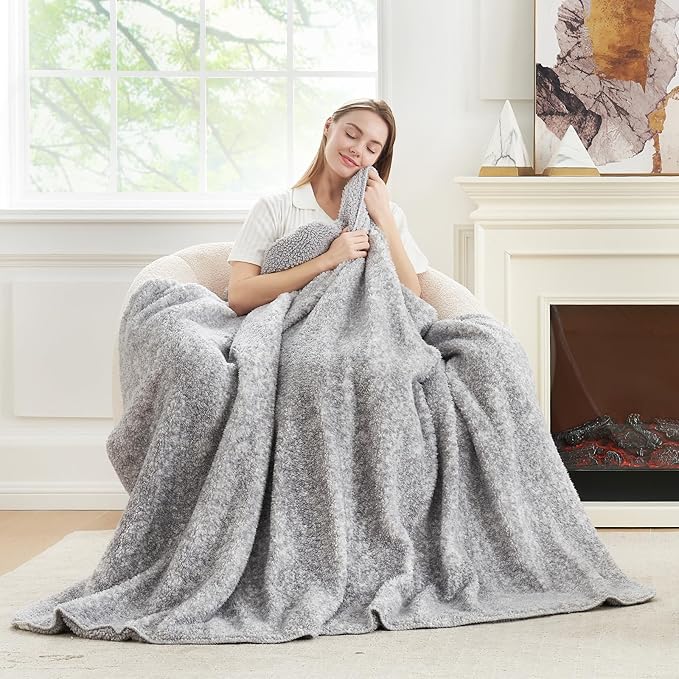 Cozy Bliss Luxury Sherpa Throw Blanket for Couch, Premium Reversible Plush Thick Throw, Warm Cozy Soft Blanket for Home and Gifts (Mottled Grey, 50" x 60")