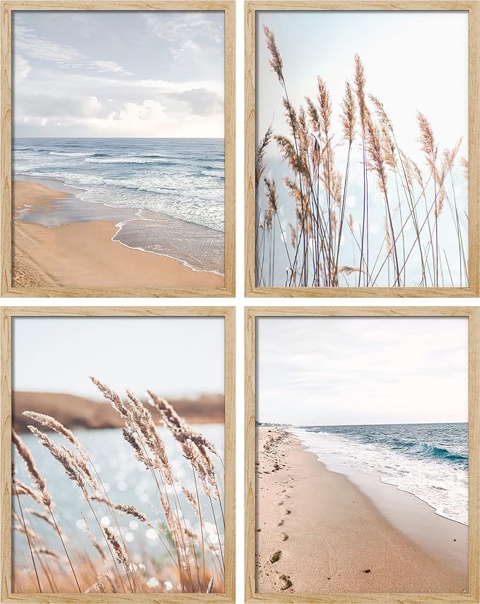 SIGNWIN Poster Bathroom Decor 11"x14"x 4, Wall Art Room Decor Multicolor for Living Room, Bedroom, Office White Beach Grass Cloudy Ocean Sea Wave Horizon Nature Wilderness Realism Landscape