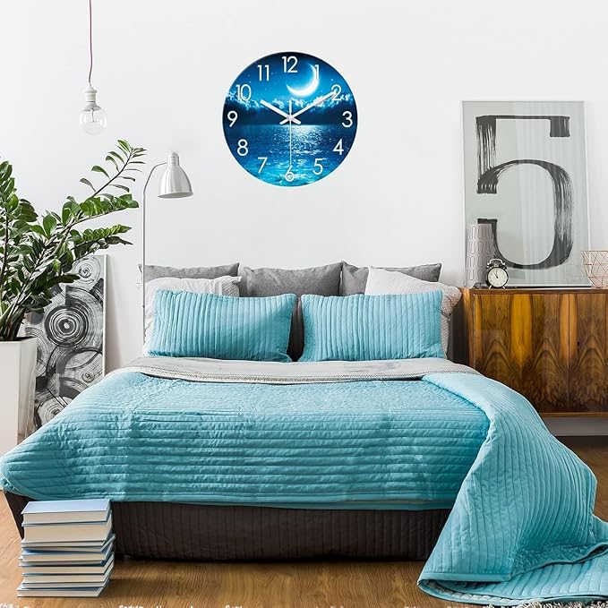 XFM Blue Moon Clock Kitchen Decorative Wall Clock Battery Operated 14 Inch Silent Wall Clock Non Ticking Glass Analog Clock