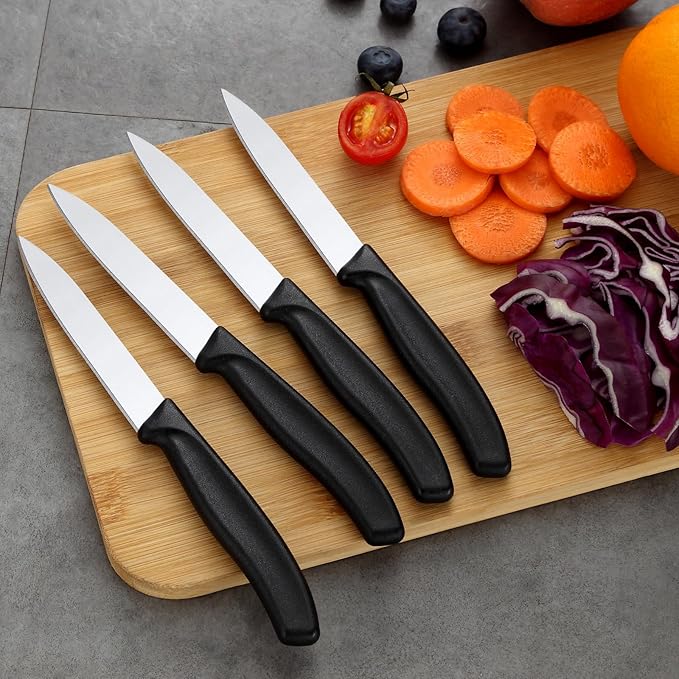 BEWOS Paring Knife - Straight Edge Paring Knives Set of 4, Ergonomic Handle, Classic Black PP Plastic Handle, Fruit Knife & Cutting Knives for Kitchen, 4.1-inch Pointed Tip
