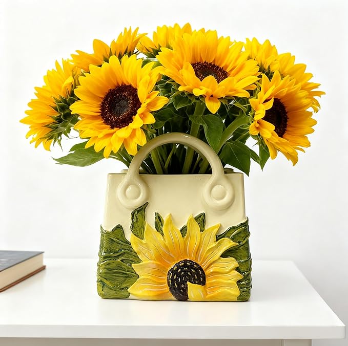 Small Purse Vase for Flowers - Sunflower Cute Mini Handbag Flower Vase for Organic Modern Table Centerpiece Decor, Unique Beige Resin White Vases for Party/Kitchen/Neutral/Bedroom