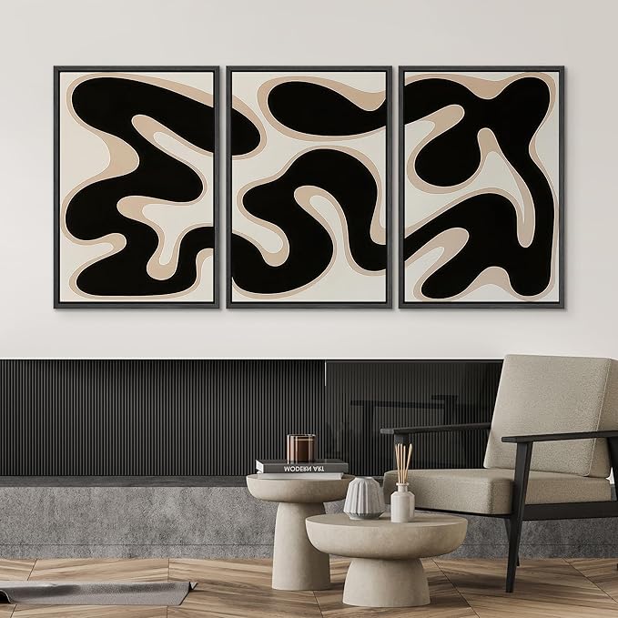 SIGNWIN Framed Canvas Print Wall Art Modern Abstract Organic Shapes Black and Beige Fluid Pattern Photography Modern Art Minimalist Black and White for Living Room, Bedroom, Office - 16"x24"x3 Black
