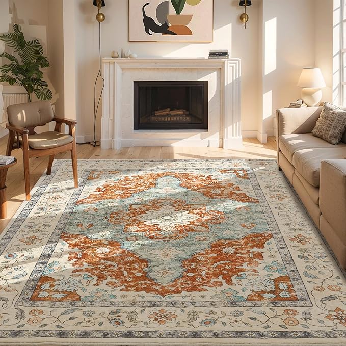 Topllen Washable Area Rug - 5'x7' Boho Living Room Rug, Non-Slip Soft Rugs Indoor for Bedroom Dining Room Office, Vintage Throw Large Carpet Stain Resistance (Rust, 5x7ft)
