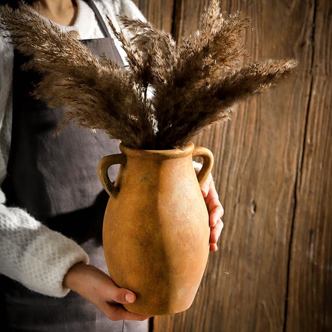 Ceramic Rustic Vase with 2 Handles, 9.05 inch Farmhouse Flower Vase, Pottery Flower Vase for Home Decor, Living Room Shelf Decor, Enterway, Table