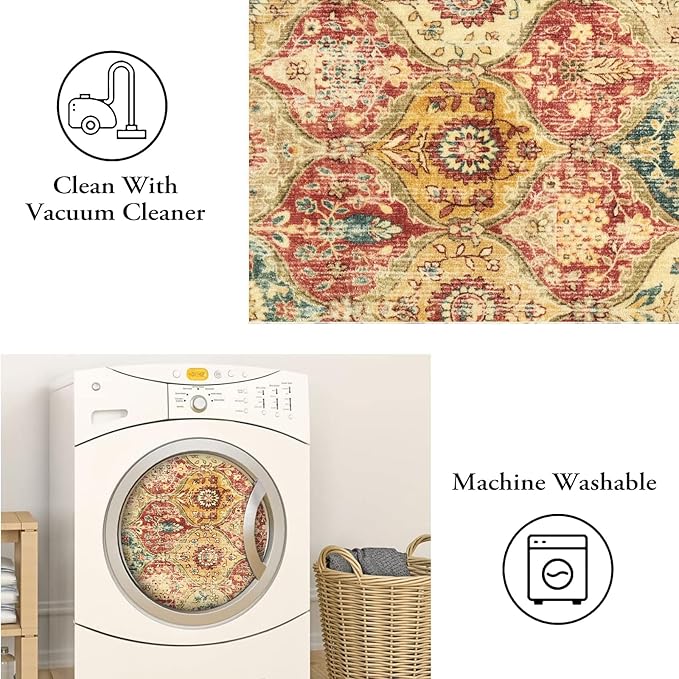 Lahome Moroccan Trellis Round Area Rugs, Washable Small Round Rug 3ft Non-Slip, Soft Vintage Ultra-Thin Circle Carpet for Bedroom Entryway Kitchen Laundry Bathroom, Red/Orange