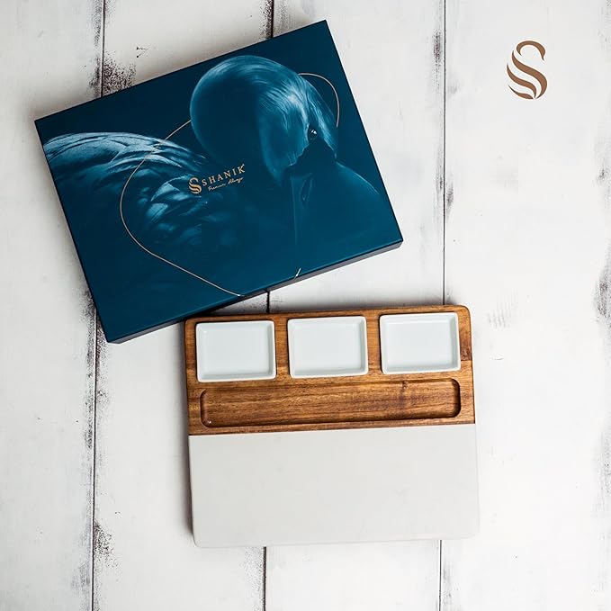 Shanik Marble & Acacia Wood Cheese Board Set – Includes 3 Ceramic Bowls, Stainless Steel Cutlery – Charcuterie Platter Gift for Entertaining