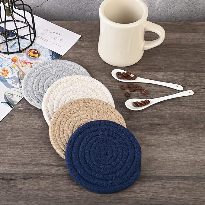 11oz Ceramic Diner Coffee Mug set Stoneware Coffee Cups Set for Restaurant, Diner, Farmhouse, Coffee Shop, Home set of 4 with Coffee spoons and Woven Coasters (Cream)