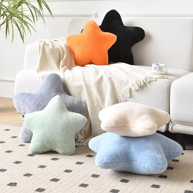 Xiashrk Star Pillow, Decorative Throw Pillows for Bed Couch, 15" Star Shaped Pillow Plush Floor Cushions Room Decor Pillow with Faux Rabbit Fur for Sofa Bedroom Living Room (Sage Green, 15" x 15")