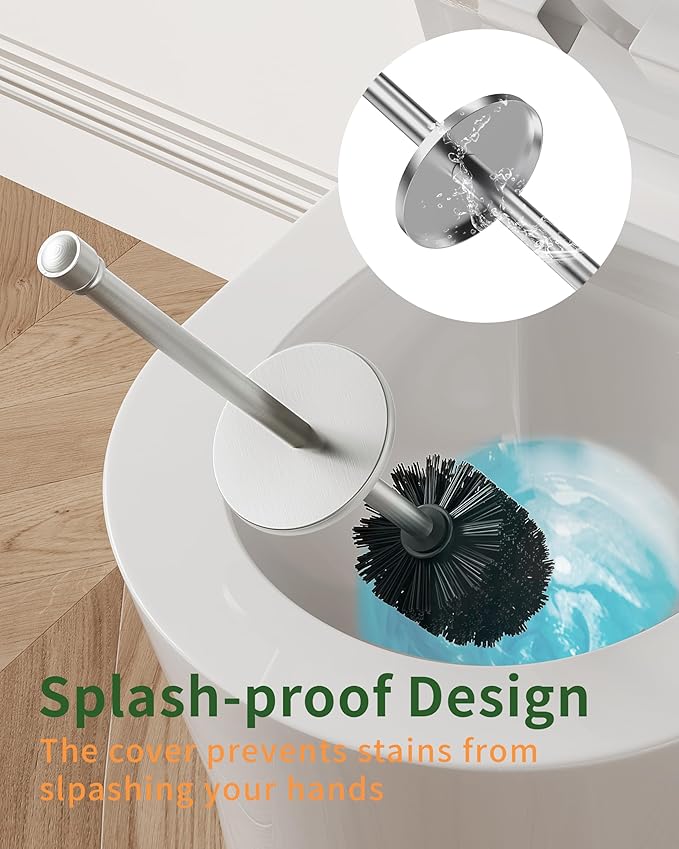 Toilet Brush and Holder Set, Toilet Bowl Brush for Bathroom with Long Handle, Stainless Steel Toilet Cleaner Brush with Durable Scrubbing Bristles,Splash-Proof (Brushed Nickel)