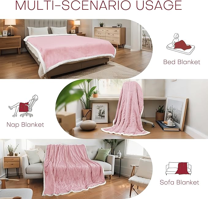 Electric Heated Blanket Full Size 72"x84" - Flannel & Sherpa Fabric Dual-Sided, 6 Heat Settings & 1-10 Hours Auto Off, Soft & Cozy Warming Throw for Home, Office, or Bed, Machine Washable, Light Pink