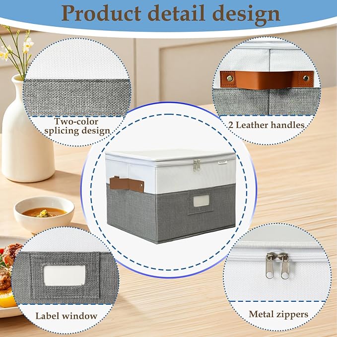 China Storage Containers,Quilted Dish Plate Storage with Stackable Lid for Dinnerware Kitchen Moving,2PACK 12 * 12 * 8in(Grey)
