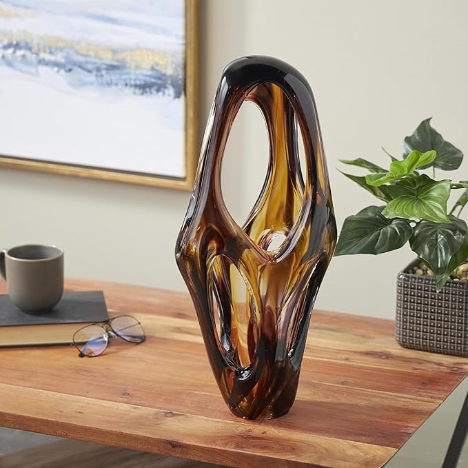 Deco 79 Glass Abstract Decorative Sculpture Cutout Home Decor Statue with Pink and Amber Accents, Accent Figurine 9" x 6" x 20", Yellow