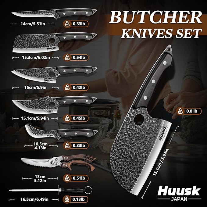 Huusk Serbian Chef Knife Set - 6Pcs Hand Forged Butcher Knife Set for Meat Cutting, Viking Boning Knives with Bag for Kitchen Outdoor BBQ Camping, Birthday Gift Idea Men