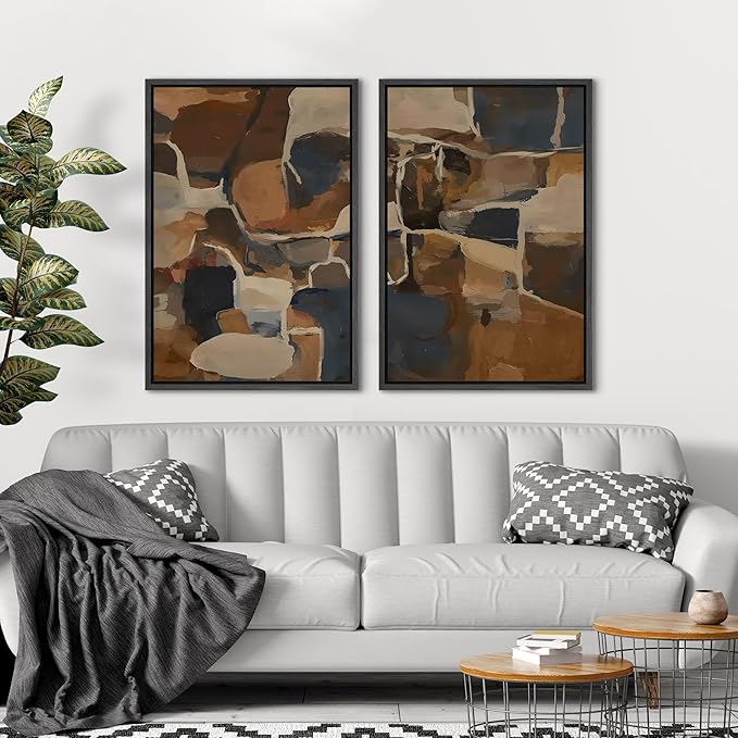 SIGNFORD Framed Canvas Print Wall Art Set Earthy Tones Abstract Layers Modern Brown and Blue Color Block Illustrations Modern Art Decorative for Living Room, Bedroom, Office - 24"x36"x2 Black