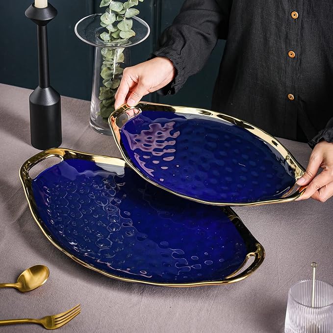 Stone Lain Florian Porcelain Large and Medium Oval Platters with Handle, Service Set, Blue with Gold Rim