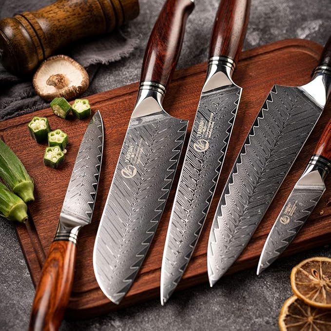 YARENH Professional Chef Knife Set 5 Piece, Damascus High Carbon Stainless Steel, Full Tang, Natural Sandalwood Handle, Ultra Sharp Kitchen Knife