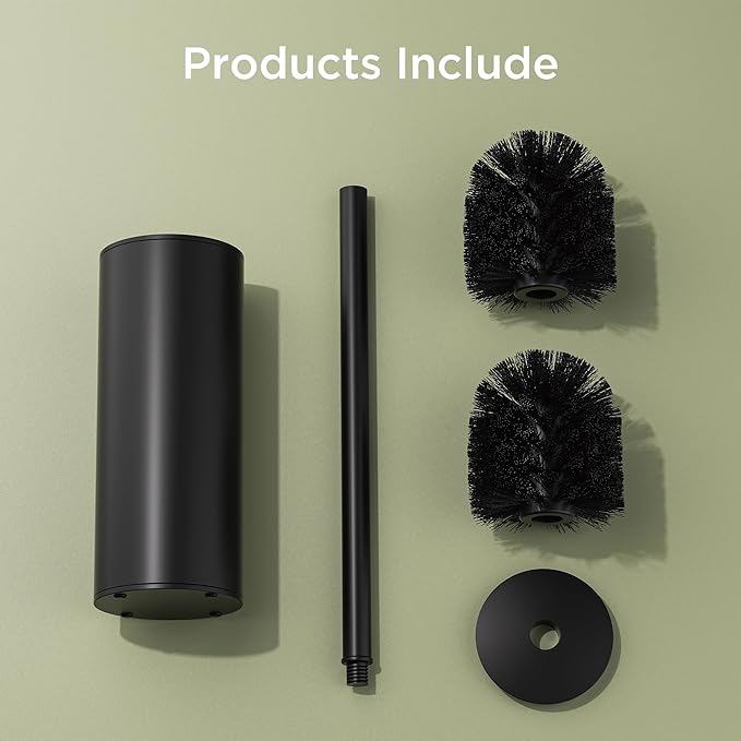 Toilet Brush and Holder Set, Toilet Bowl Brush with Heavy Duty 304 Stainless Steel Base and Extra Long Handle, Toilet Bowl Cleaners Brush for Bathroom (Matte Black)