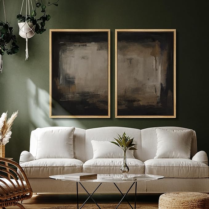 SIGNFORD Framed Canvas Print Wall Art Set Neutral Black and Brown Contemporary Minimalist Illustration Modern Art Decorative for Living Room, Bedroom, Office - 24"x36"x2 Natural