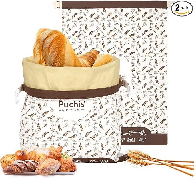 PUCHIS-2 Pack XL Cotton & Beeswax Bread Bags for Sourdough & Homemade Bread | Reusable Organic Storage, 17x13 in, Freezer-Safe Freshness