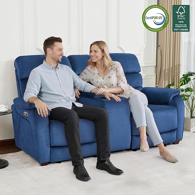 MCombo Zero Wall Recliner Loveseat with Console, Power Recliner Loveseat with Adjustable Headrest, USB A & C Charge Ports, Cup Holders, for Living Room, RVs, Small Spaces (Fabric, ST258M2, Navy Blue)