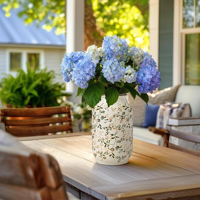 White and Green Vintage Vase, Chinoiserie Floral Vases for Flowers, Rustic Farmhouse Ceramic Vase for Home Decor, Living Room, Shelf, Office, Vintage Room Decor, 9 inch