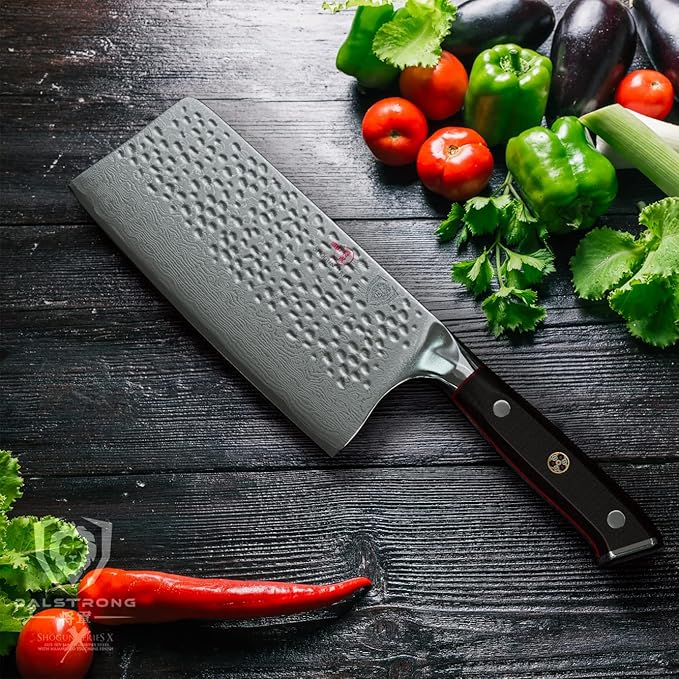 Dalstrong Meat Cleaver Knife - 7" - Shogun Series ELITE - Razor Sharp - Japanese Super Steel - Damascus Knife - Hammered Finish - Heavy Duty Gift Cooking Knife - w/Sheath