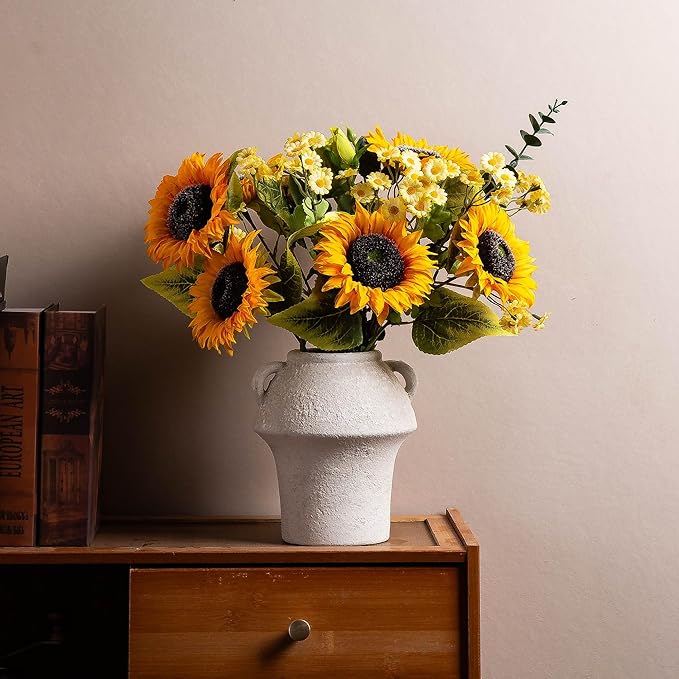 Ceramic Vase, Rustic Vase, 7 Inch Vintage Terracotta Flower Vases for Home Decor, Decorative Farmhouse Vase with hadle for Home Decor, Living Room, Shelf Decor, Farmhouse, Table, Lyeec