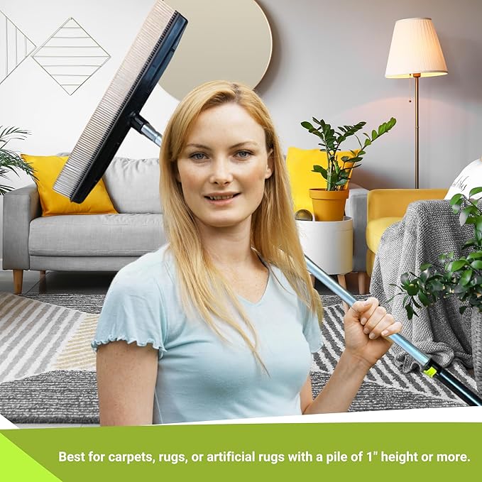 Room Groom Carpet Rake and Groomer with Telescoping 54 Inch Adjustable Handle, Portable Design, Carpet Brush Ideal for Pet Hair, Refreshing High Pile Carpets, Rugs, and Artificial Turf