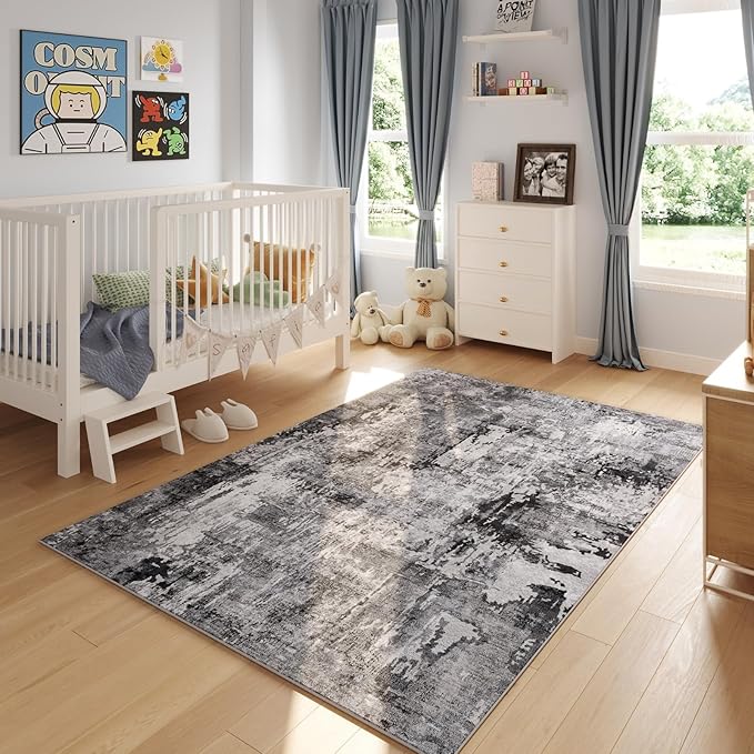 Rugcomf 4x6 Rug Washable Boho Soft Area Rug Abstract Pattern Non-Slip Faux Wool Vintage Rug for Living Room, Bedroom Rug, Farmhouse, Dining Room, Kids Playroom, Grey and Black
