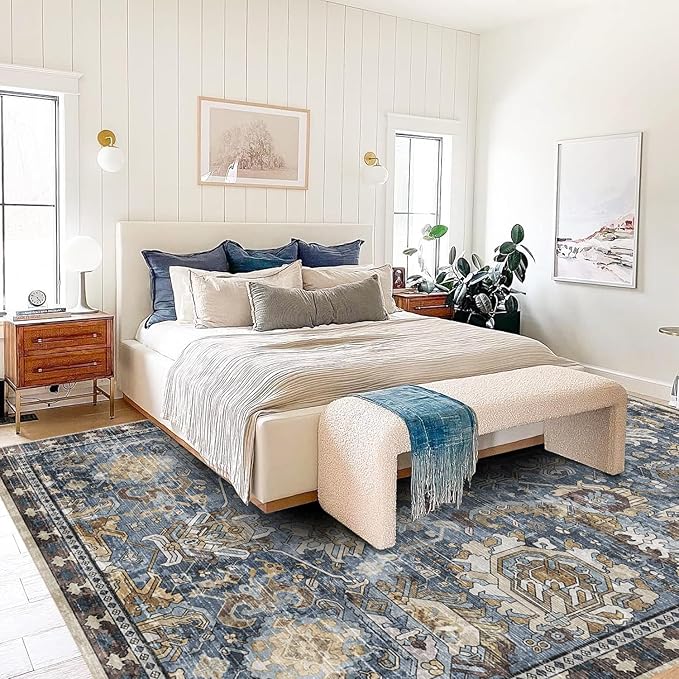 RUGSURE Washable Area Rugs - Perfect for Living Room, Bedroom, Kids Room, Nursery - Stain & Water Resistant Non-Slip, Pet & Child Friendly, Vintage Tribal Area Rugs (Navy, 5' x 7')