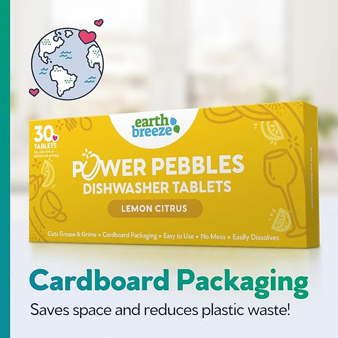 Earth Breeze Power Pebbles Dishwasher Tablets, Tough on Grease, Gentle on Dishes, Lemon Citrus Dish Detergent & Dishwasher Cleaner, Kitchen Cleaning Supplies for Sparkling Results, 90 Tabs (3-Pack)