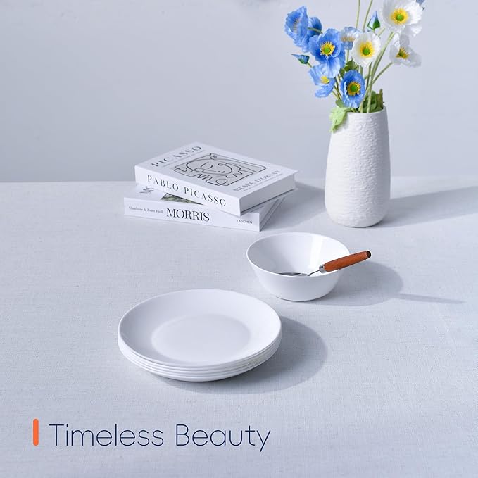 8.5 inch Salad Plate Set of 6, Lightweight Opal Glass Round White Plates for Appetizer Dessert Kitchen, Dishwasher and Microwave Safe