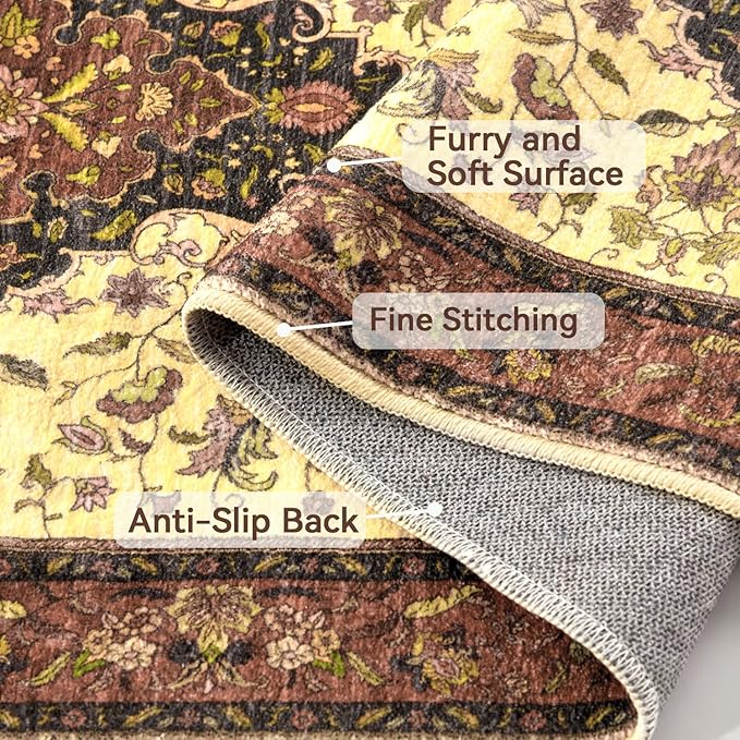 Topllen Washable Area Rug - 5'x7' Boho Living Room Rug, Non-Slip Soft Rugs Indoor for Bedroom Dining Room Office, Vintage Throw Large Carpet Stain Resistance (Red, 5x7ft)