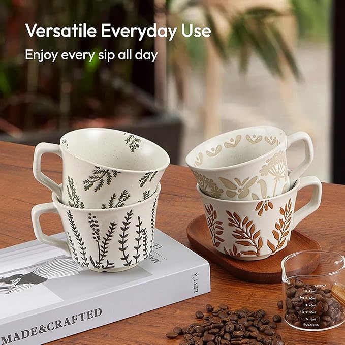 Ceramic Coffee Mug, 12 oz Novelty Unique Teacup with Handle, Stoneware Cup for Tea Mocha Latte Cappuccino Espresso (Set of 4, Butterfly Grass Ivy and Leaf)