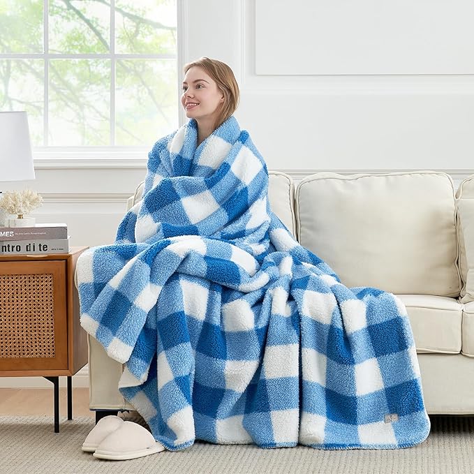 Cozy Bliss Luxury Sherpa Throw Blanket for Couch, Premium Reversible Buffalo Plaid Thick Throw, Warm Cozy Soft Blanket for Home and Gifts (Light Blue, 50" x 60")