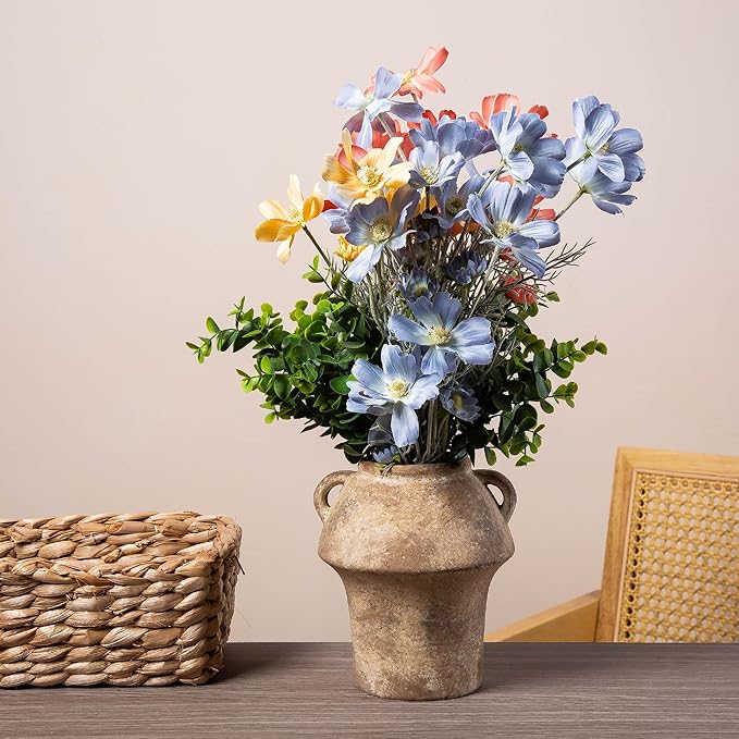 Ceramic Flower Vases, Terracotta Vase, 7 Inch Vintage Porcelain Vases for Home Decor, Decorative Farmhouse Vase with hadle for Home Decor, Living Room, Shelf Decor, Farmhouse, Table, Lyeec