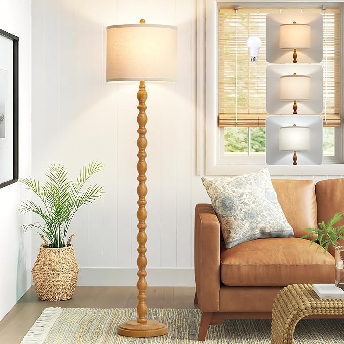 Luvkczc 62" Rustic Floor Lamp with 3 Color Temperatures, Retro Farmhouse Standing Lamp for Living Room, Bedroom, Corner, Dining Room - Rotary Switch Resin Floor Lamps for Home (Brown)