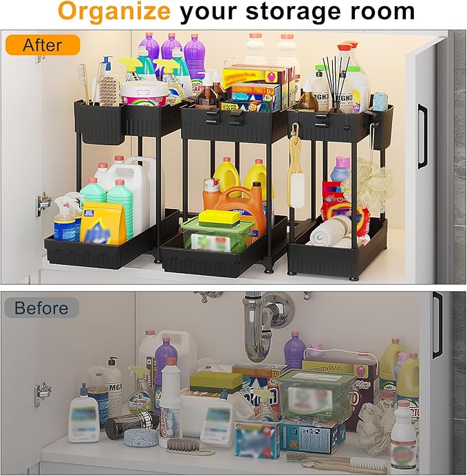 3 Pack Under Sink Organizers, 2-Tier Multi-Use Kitchen and Bathroom Organizers and Storage with Sliding Drawers,Bathroom Cabinet Organizer (Black, 14.8 Inch)
