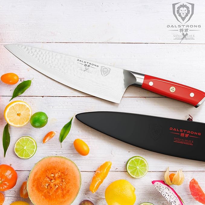 Dalstrong Chef Knife - 8 inch Blade - Shogun Series - Japanese AUS-10V Super Steel Kitchen Knife - Crimson Red Handle ABS - Damascus - Razor Sharp Knife - Professional Full Tang Knives - Sheath