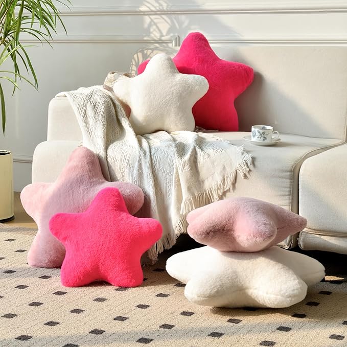 Xiashrk Star Pillow, Decorative Throw Pillows for Bed Couch, 15" Star Shaped Pillow Plush Floor Cushions Room Decor Pillow with Soft Faux Rabbit Fur for Sofa Bedroom Living Room