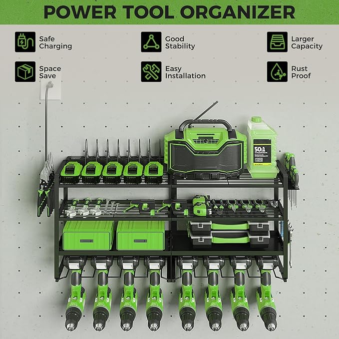 Max Loads 400lbs Power Tool Organizer Wall Mount, 4 Layer Garage Organization with 8 Cordless Drill Holder,Heavy Duty Metal Tool Storage Rack with 8 Outlet Power Strip for Room, Workshop
